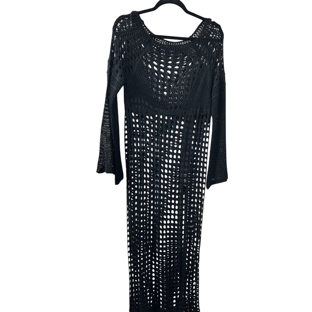 Black Crochet Maxi Dress OS Sheer Bell Sleeve Whimsigoth Witchy Goth 90s